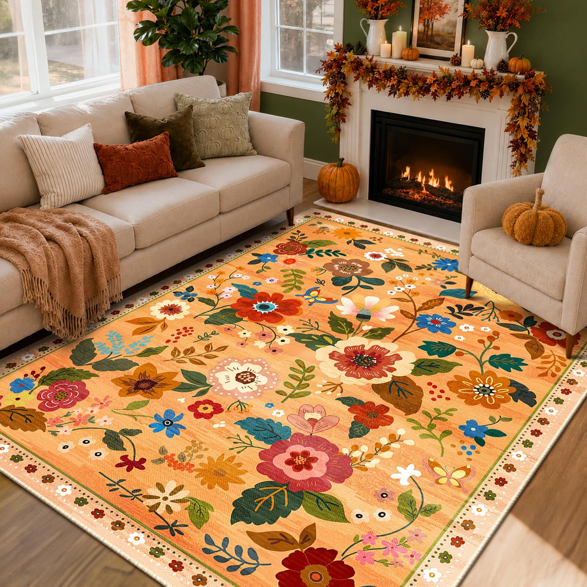 RELEANY Floral Washable 5x7 Area Rugs Pink