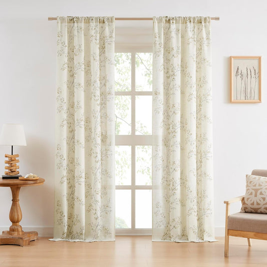 Amzdecor Grey Tan Leaf Linen Light Filtering Curtains for LivingRoom 90Inch