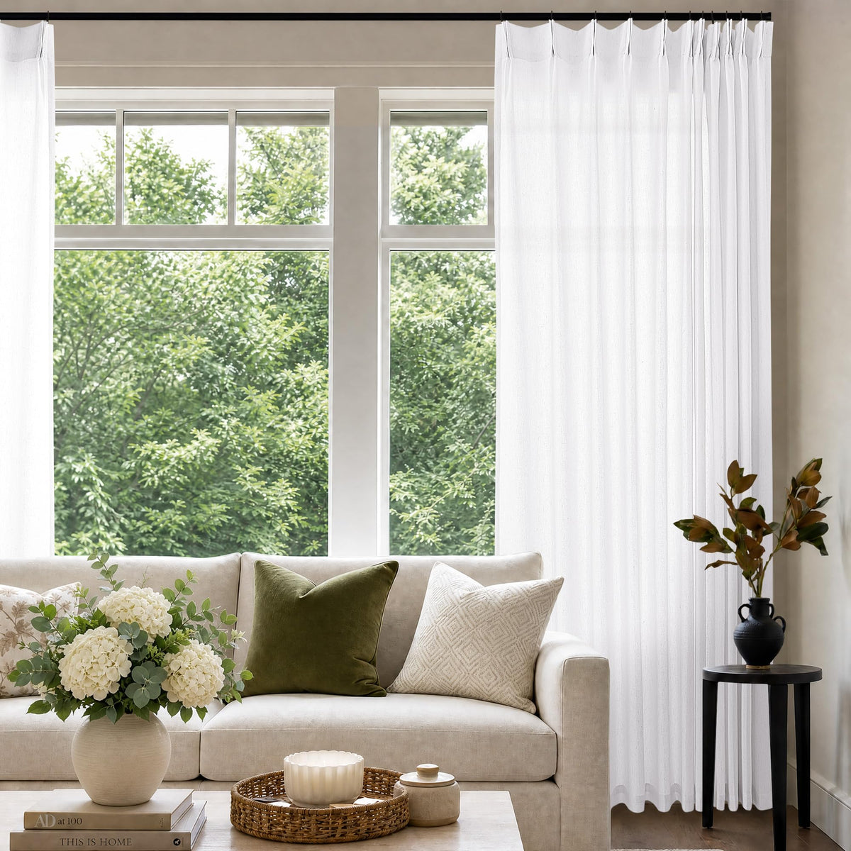 Cream 120 Inch Linen Curtains Pinch Pleated Extra Long Custom Made