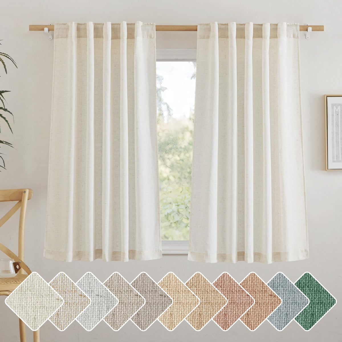 NICETOWN Natural Linen Curtains & Drapes for Windows 84 inch Long, Rod Pocket & Back Tab Thick Flax Semi Sheer Privacy Assured with Light Filtering for Bedroom/Living Room, W55 x L84, 2 Pieces