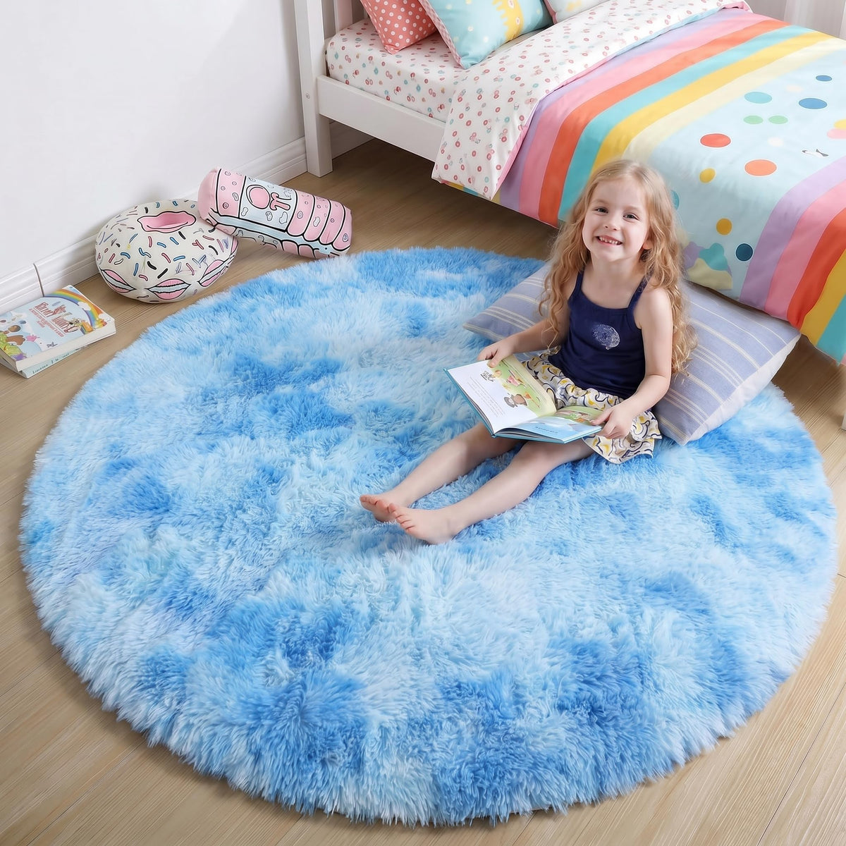 Amdrebio Pink Circle Round Fluffy Area Rug 4Ft for Girls Bedroom Kids Room