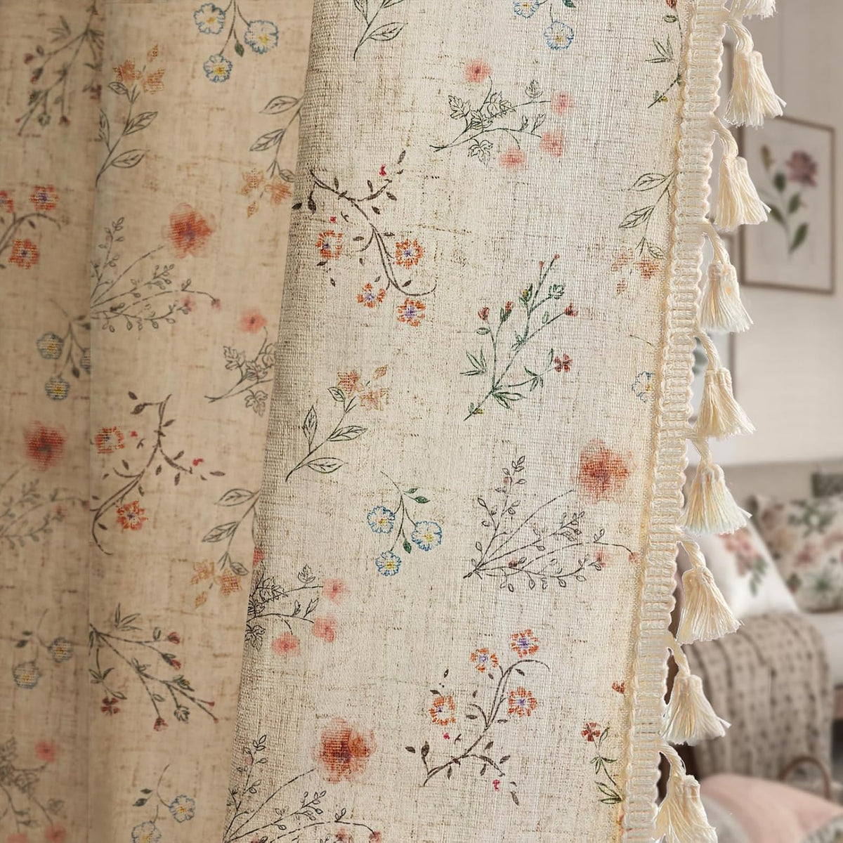 Boho Floral Light Filtering Curtains 84 Inch 2 Panels Linen Texture