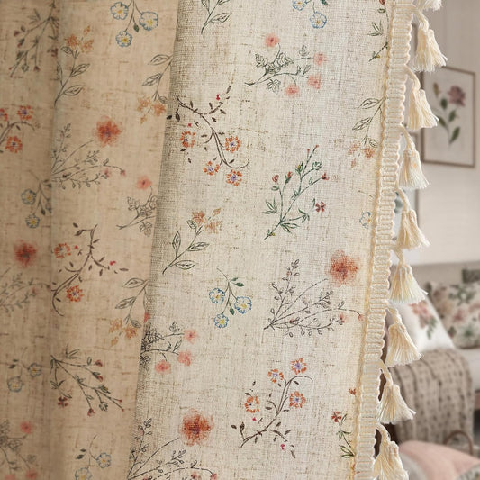 Boho Floral Light Filtering Curtains 84 Inch 2 Panels Linen Texture