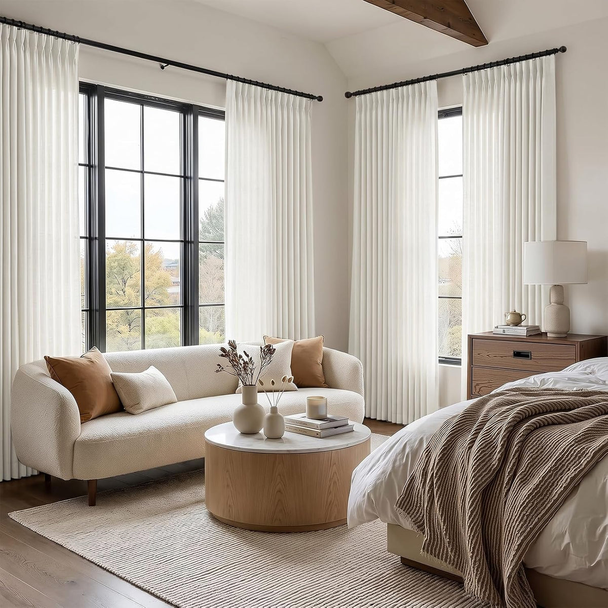 Pinch Pleated Linen Curtains 96 Inches Semi Sheer Light Filtering, 2 Panels
