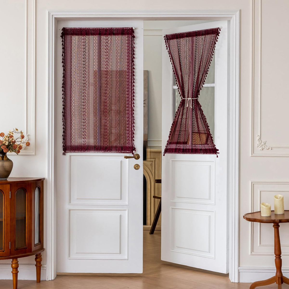 Sutuo Home Terracotta Boho Lace Curtains 2 Panels 84 Inches Long for Living Room&Bedroom, Burnt Orange Crochet Privacy Farmhouse Vintage Tassels Retro Halloween Window Sheer Curtains Rod Pocket,50" W