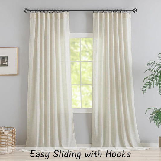 Natural Linen 144 Inch Length Curtains for Tall Floor Ceiling Villa Living Room -Cream Ivory Bak Tab Hooks Pleated Easy Open Sliding Semi Sheer 144 inch Extra Long 2 Story Window Curtains,12 Foot