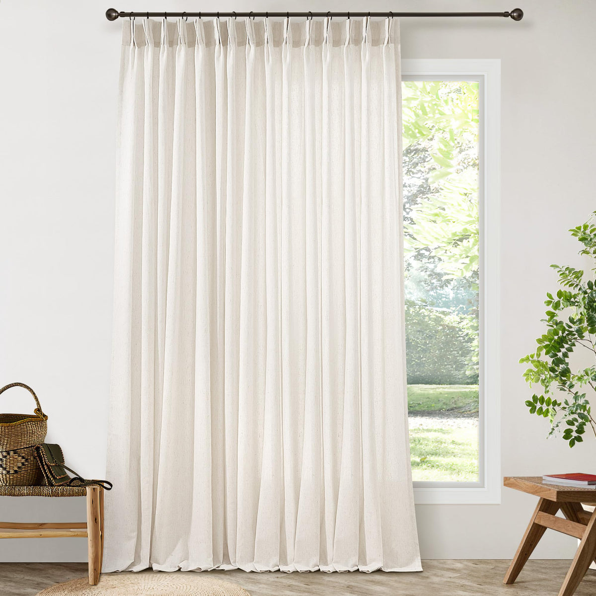 105 Inch Extra Long Curtains Linen Pinch Pleated Cream Semi Sheer