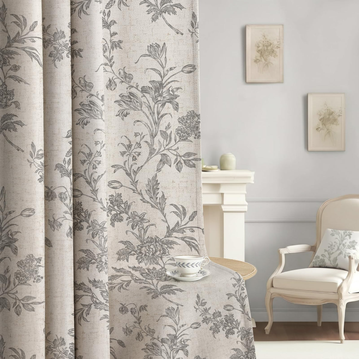 Boho Floral Light Filtering Curtains 84 Inch 2 Panels Linen Texture