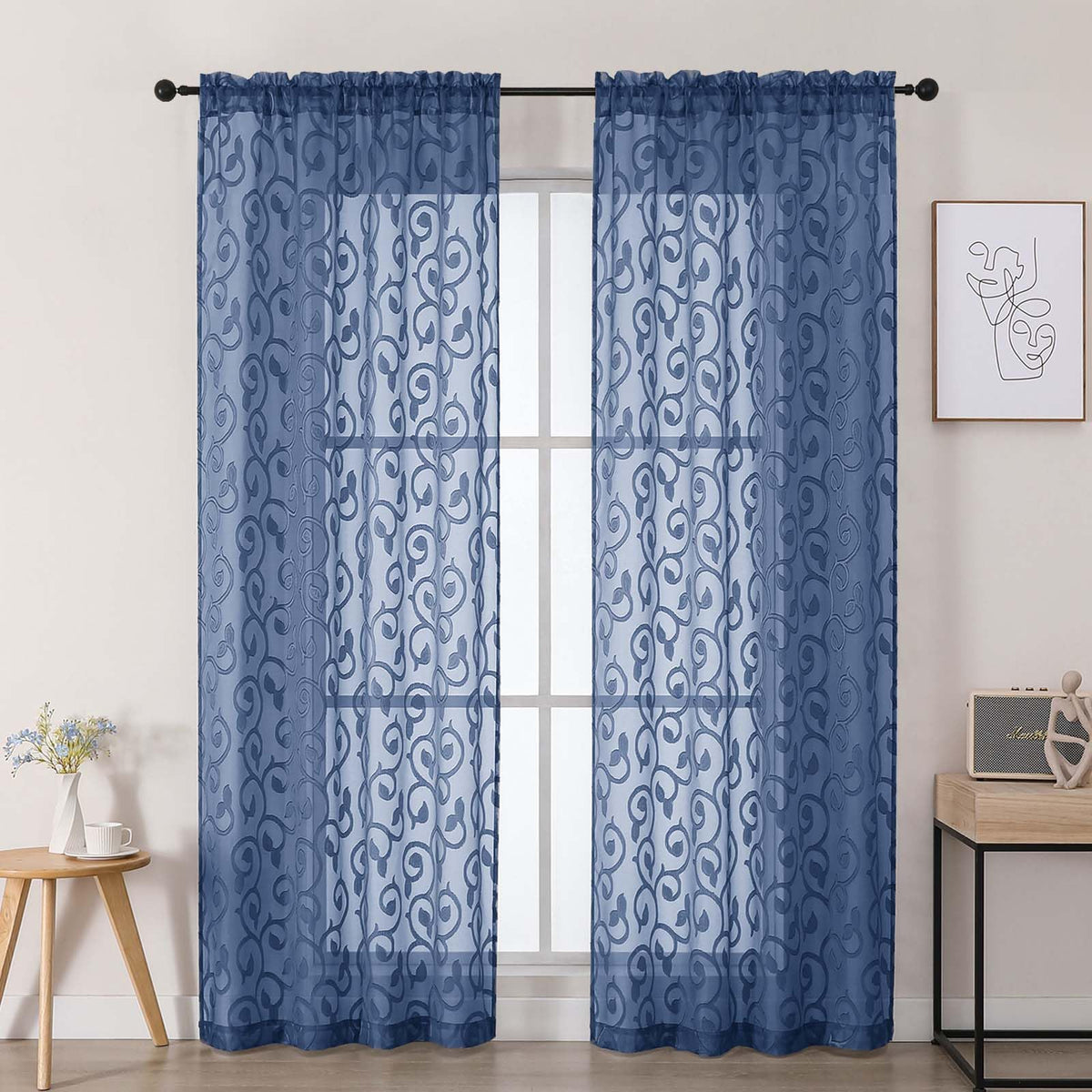 Dusty Blue Sheer Curtains for Bedroom Living Room 72 Inches Long 2 Panels Set, Soft Airy Geometric Jacquard Clip Curtains Drapes, Modern Rod Pocket Door Curtain, 2Pcs Each 42" Wx72 L Inch