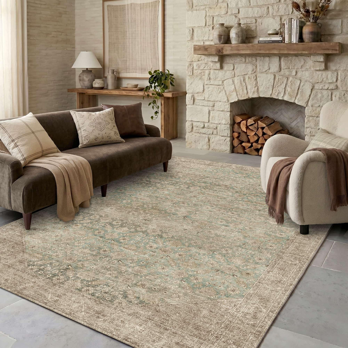 8x10 Washable Boho Area Rug, Dark Beige Farmhouse for Living Room