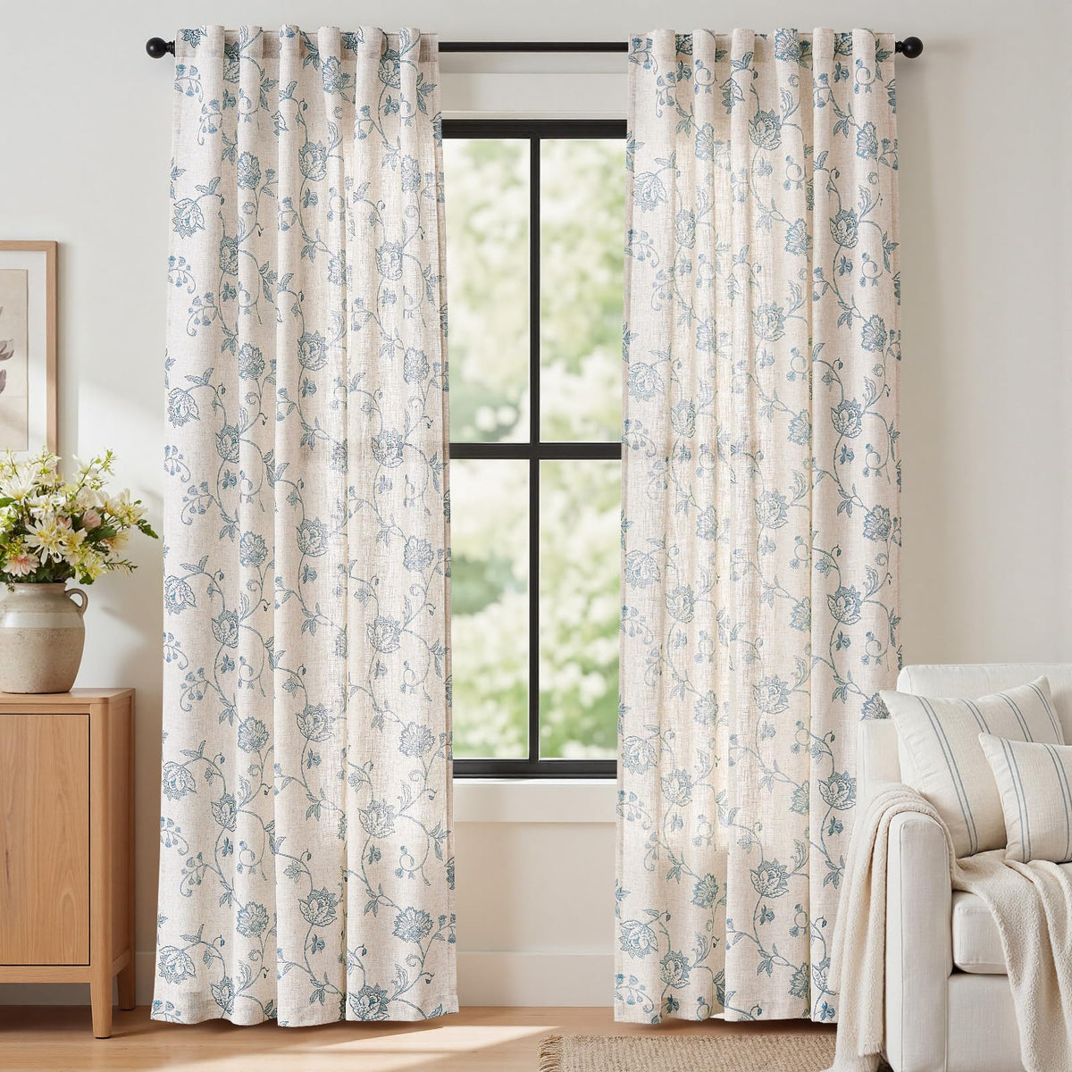 jinchan Green Floral Linen Curtains 84 Inch Vintage Back Tab 2 Panels