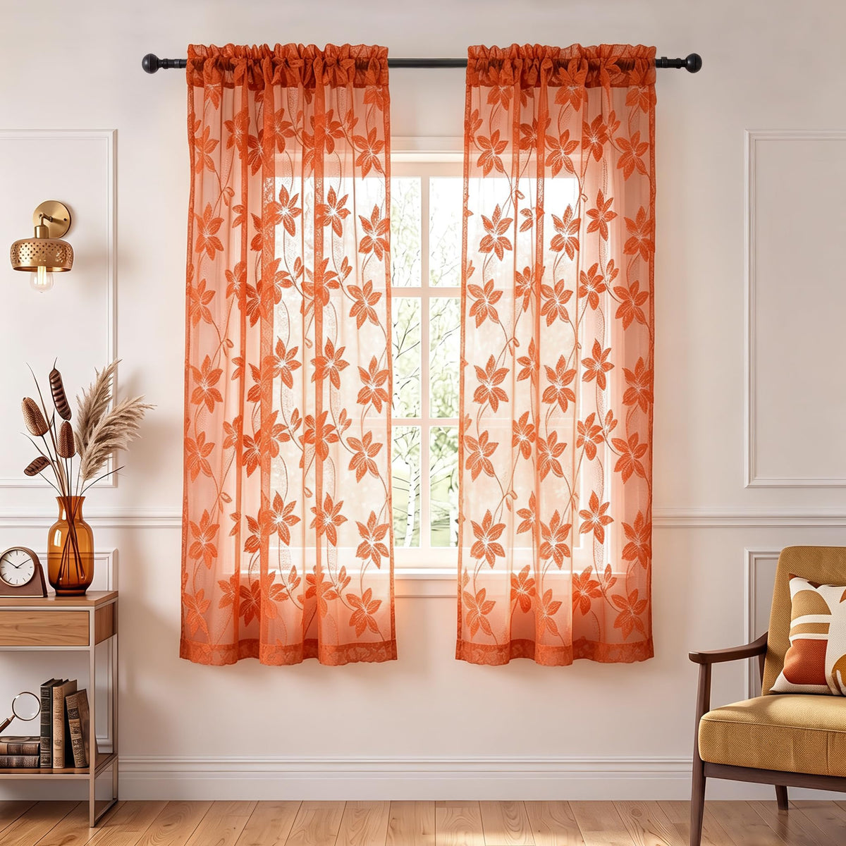 DWCN White Sheer Curtains - Short Curtains Floral Lace Design Rod Pocket Window Voile Sheer Drapes for Bedroom Kitchen Small Window 42 x 54 inch Length, 2 Panels White