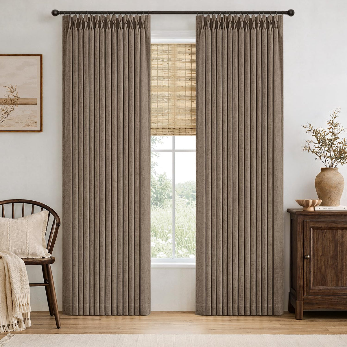 MIULEE Pinch Pleated Thick Linen Curtains 96 Inches Burlap Brown Curtains
