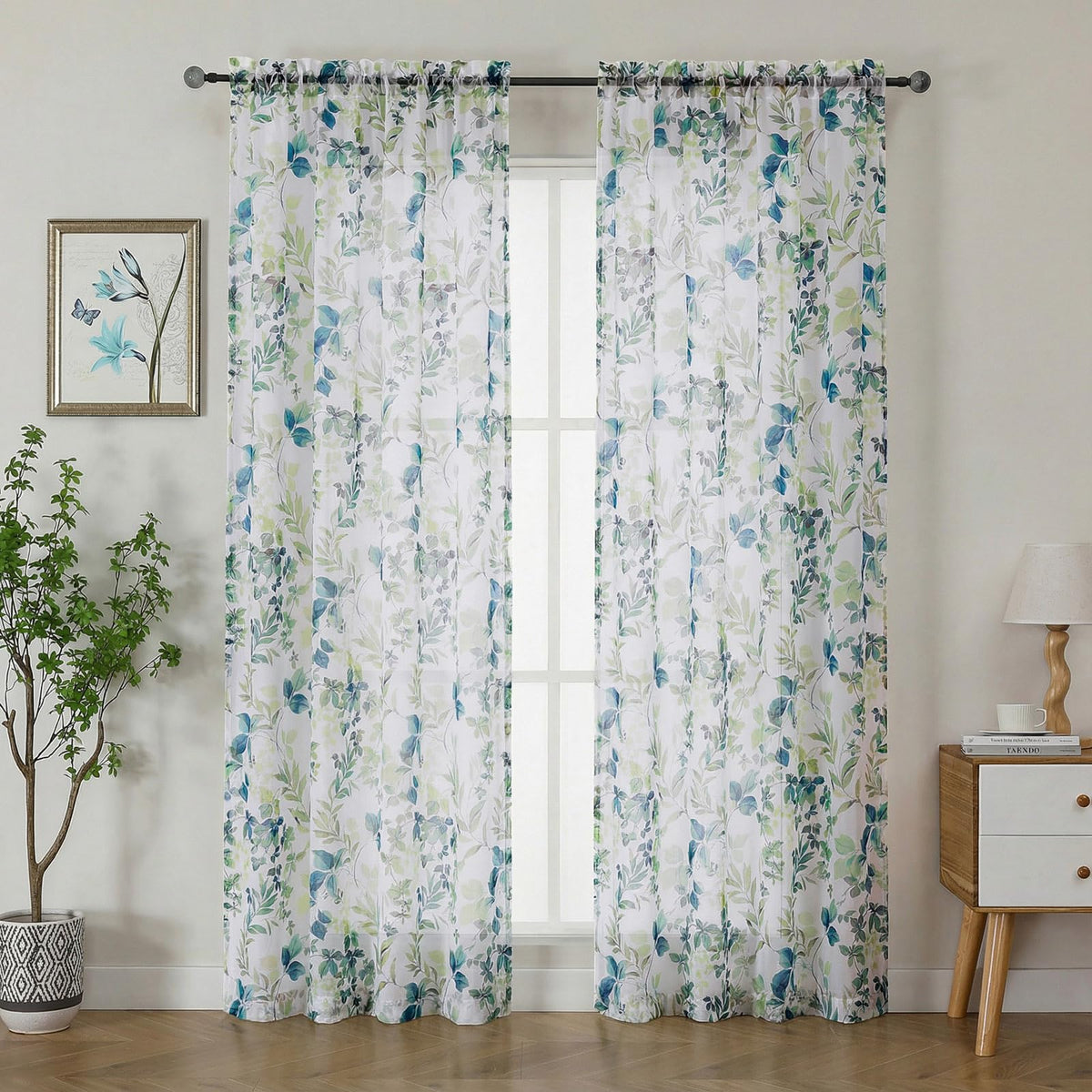 OWENIE Crushed Sheer Curtains 63 Inch Length 2 Panels Set, Sheer Floral Curtians with Printed Leaves Design, Printing Drapes for Living Room, Rod Pocket Light Filtering Window Sheers 42" W x 63" L