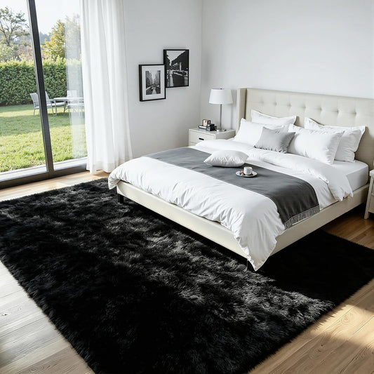 8x10 Black Area Rug for Living Room Bedroom, Soft Fluffy Fuzzy Fur Shag Rug