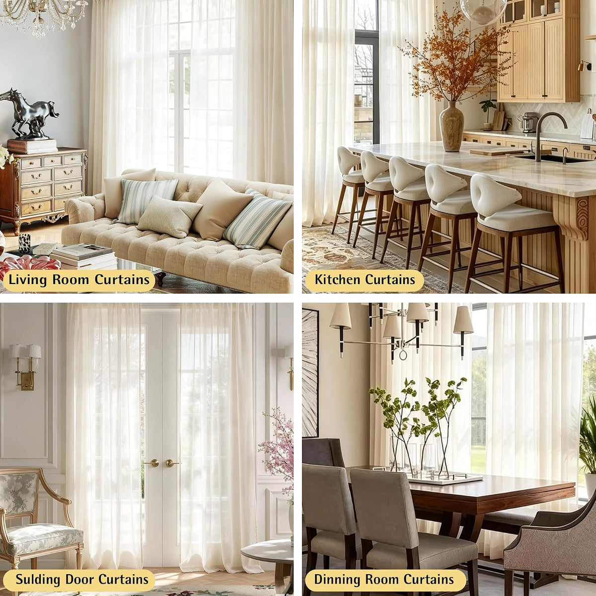 Flax Sheer Linen Curtains for Living Room 52"x84" 2pk Beige Natural White