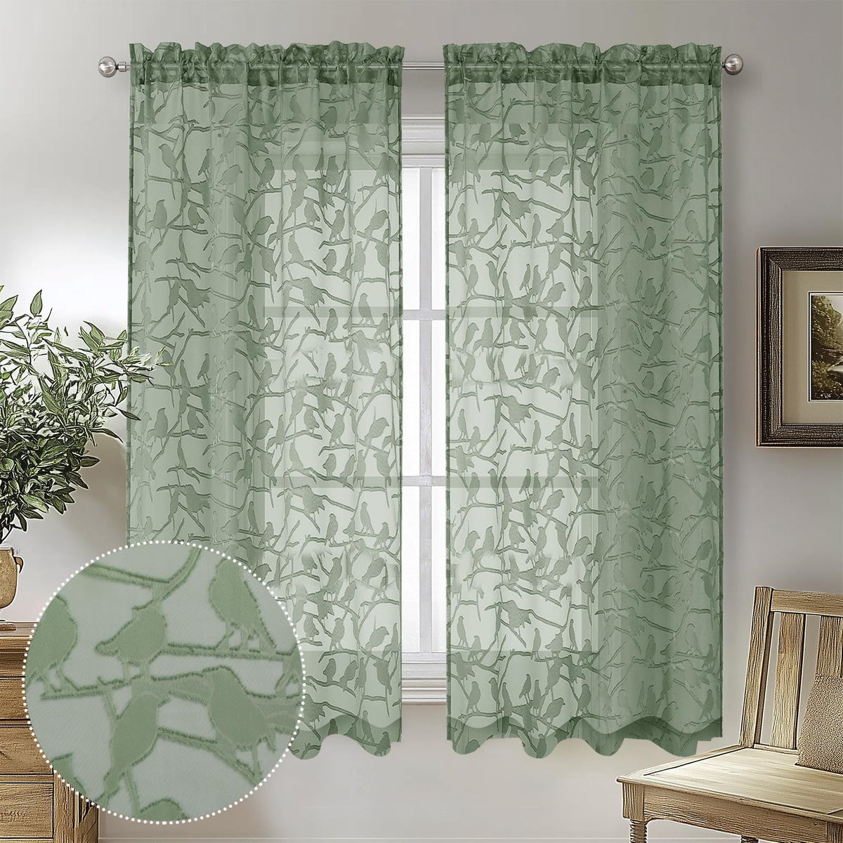 OVZME Sage Green Sheer Curtains 63 Inch Length 2 Panel Set, Light Filtering Bedroom Curtains with Dual Rod Pocket Top, Leaf Bird Clip Jacquard Sheer Farmhouse Window Drapes for Living Room, 2x38Wx63L