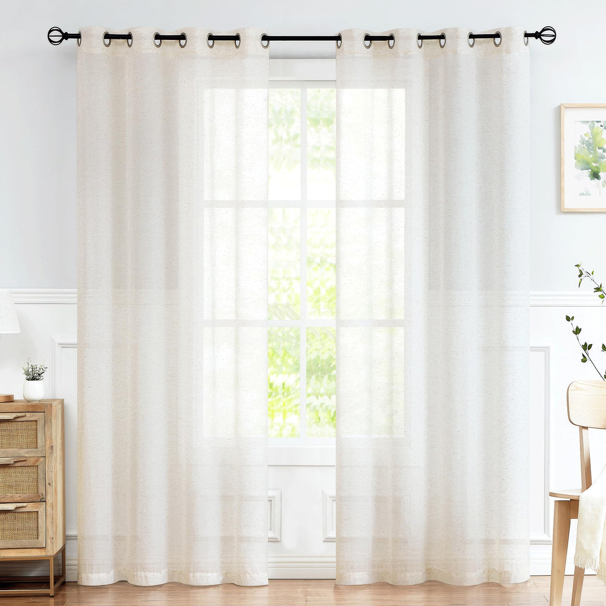FMFUNCTEX Beige Linen Pinch Pleated Sheer Curtains, 96 Inches, 2 Panels