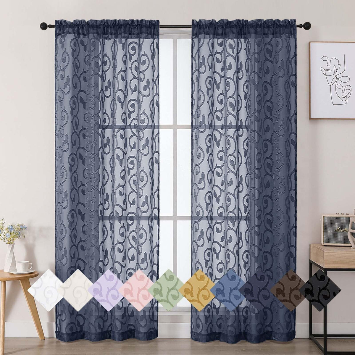 Dusty Blue Sheer Curtains for Bedroom Living Room 72 Inches Long 2 Panels Set, Soft Airy Geometric Jacquard Clip Curtains Drapes, Modern Rod Pocket Door Curtain, 2Pcs Each 42" Wx72 L Inch
