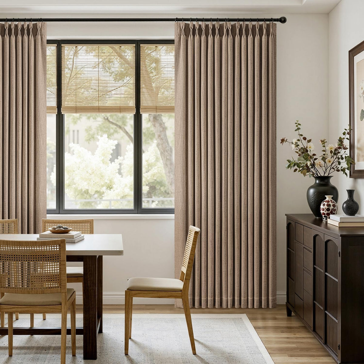 MIULEE Pinch Pleated Thick Linen Curtains 96 Inches Burlap Brown Curtains