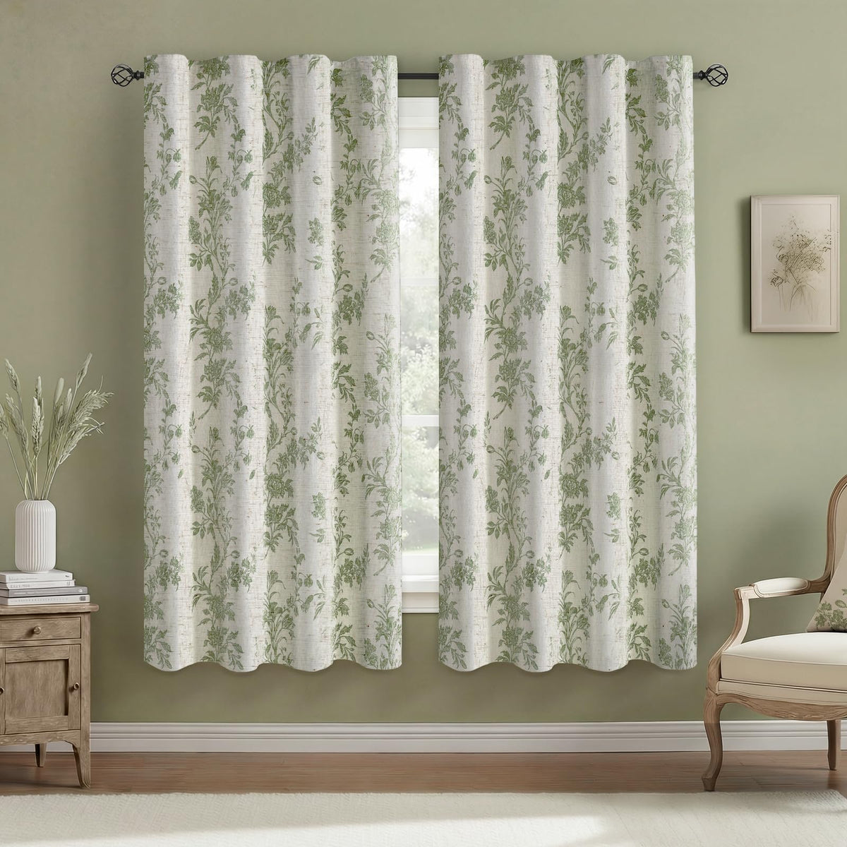Boho Floral Light Filtering Curtains 84 Inch 2 Panels Linen Texture