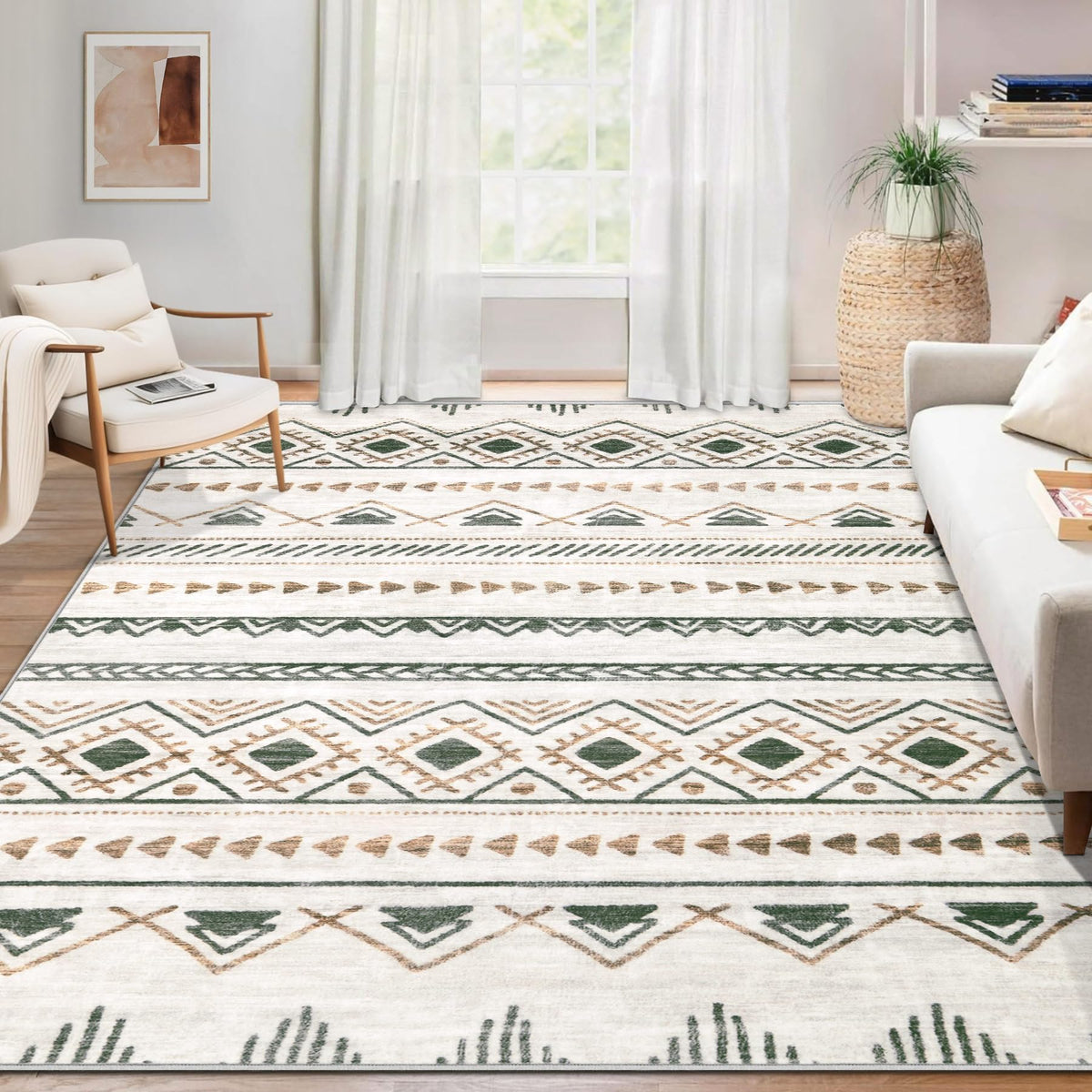 Area Rug 4x6 Geometric Rug: Washable Boho Moroccan Rugs Soft Farmhouse Rug, Modern Neutral Stain Resistant Indoor Floor Carpet for Livingroom Bedroom Dining Table Nursery(Modern Beige,4'x6')