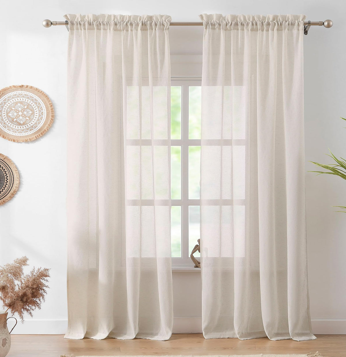 Flax Sheer Linen Curtains for Living Room 52"x84" 2pk Beige Natural White