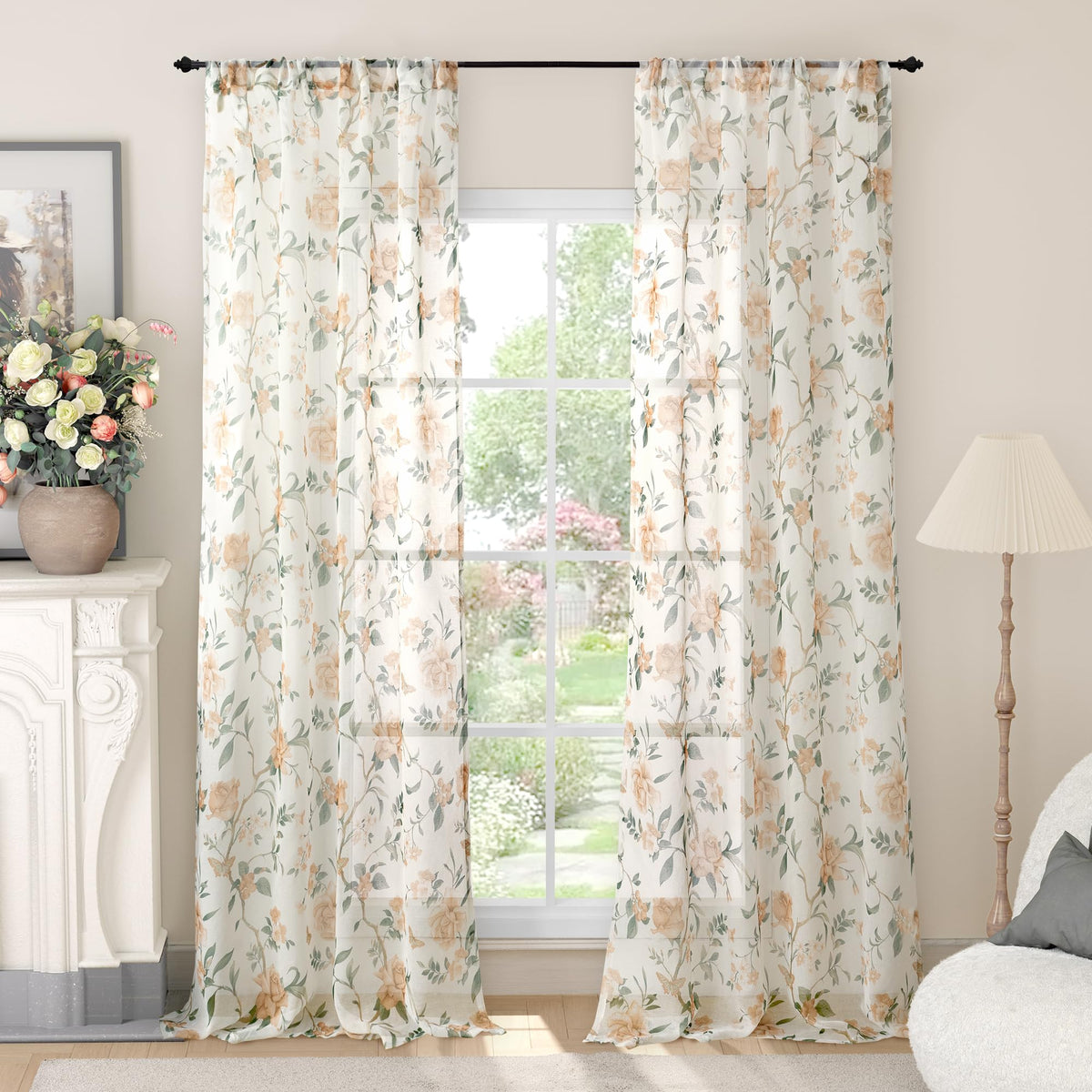 Lajode Pink Floral Sheer Curtains for Girls Room - 52x84 Inch 2 Panels