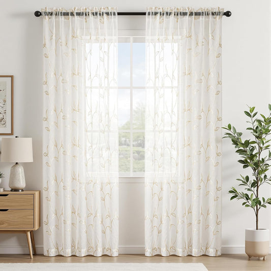 VISIONTEX Sheer Curtains Boho Leaf Floral Embroidered Cream Beige 54Wx84L