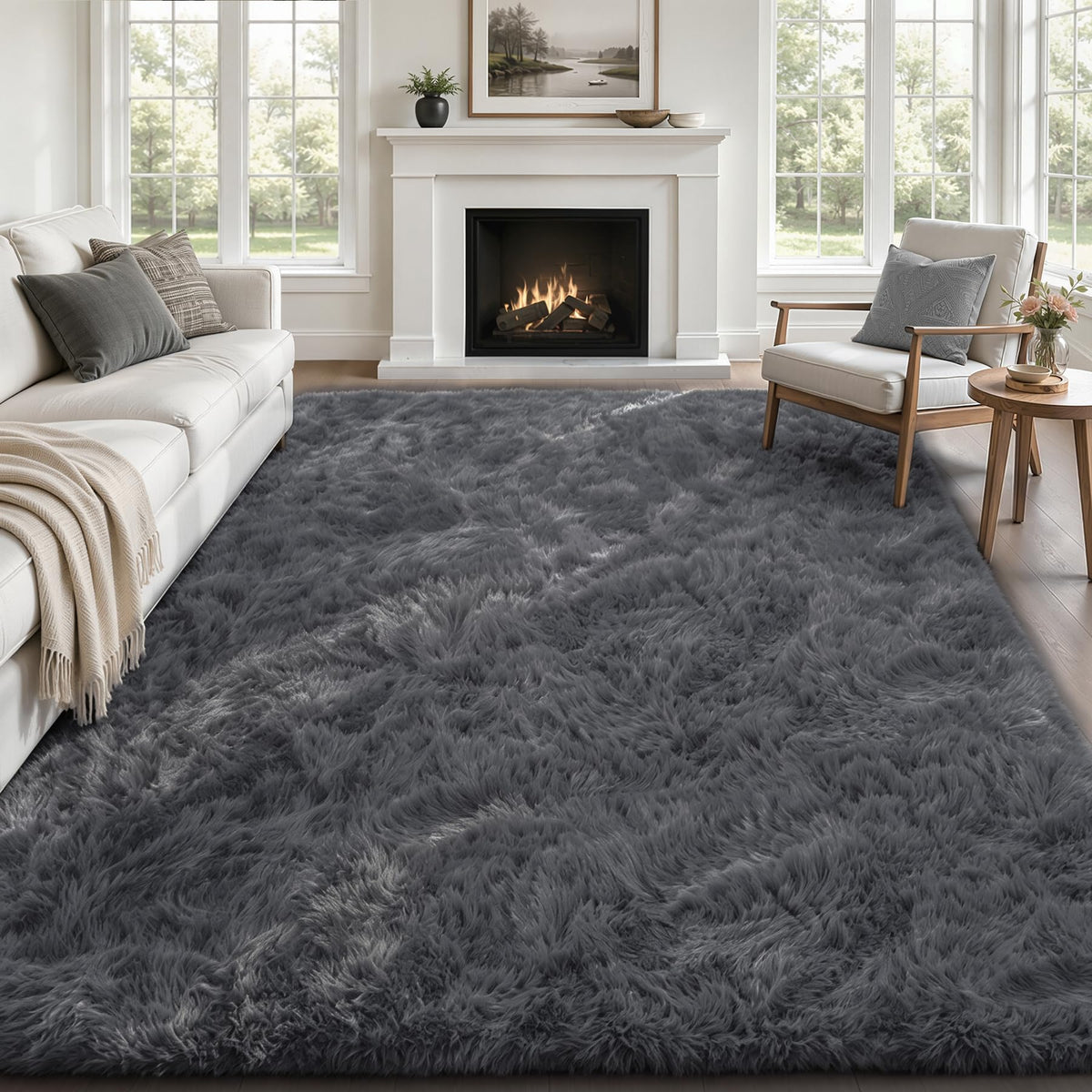 TENGTENGLINK 8x10 Fluffy Shag Area Rug Living Room Bedroom Washable Black