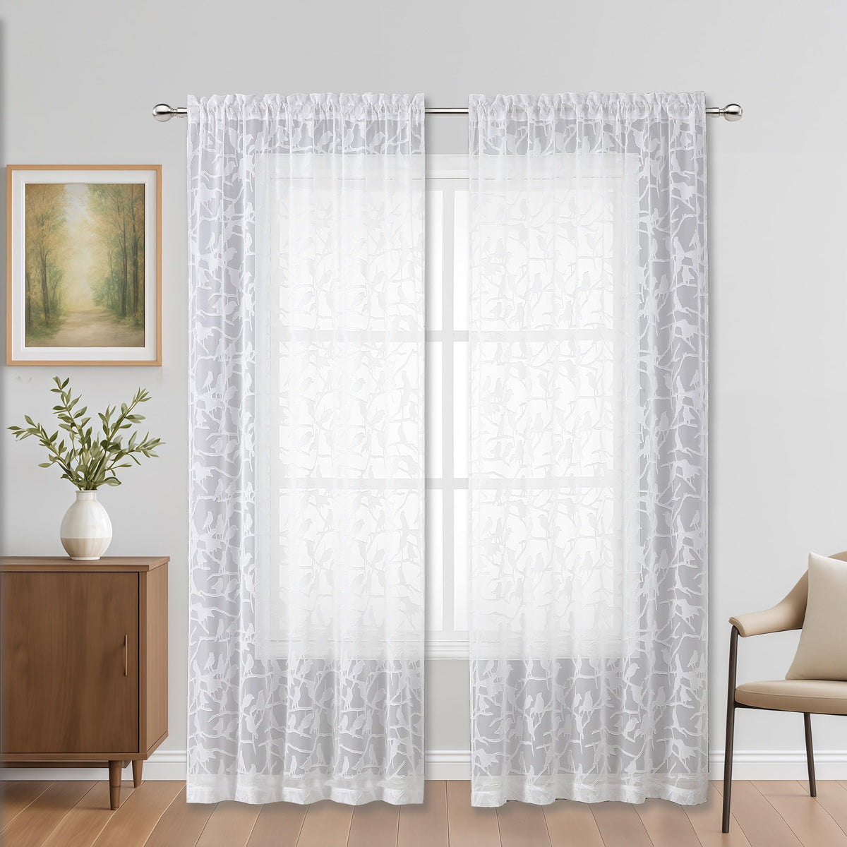 OVZME Sage Green Sheer Curtains 63 Inch Length 2 Panel Set, Light Filtering Bedroom Curtains with Dual Rod Pocket Top, Leaf Bird Clip Jacquard Sheer Farmhouse Window Drapes for Living Room, 2x38Wx63L