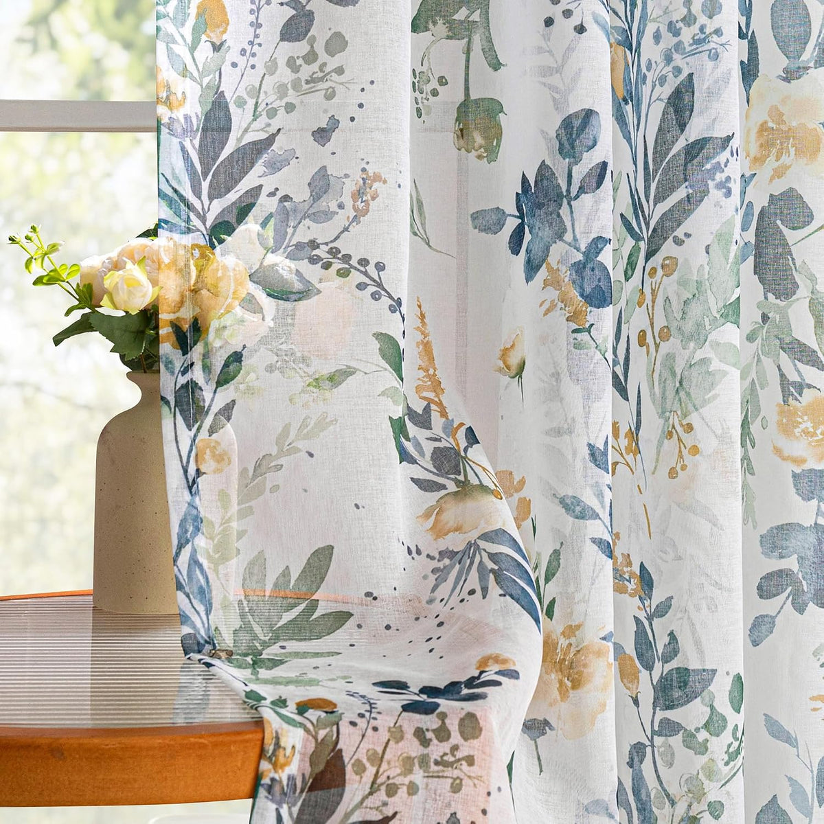 MYSKY HOME Yellow and Blue Sheer Floral Curtains 84 Inch Length 2 Panels