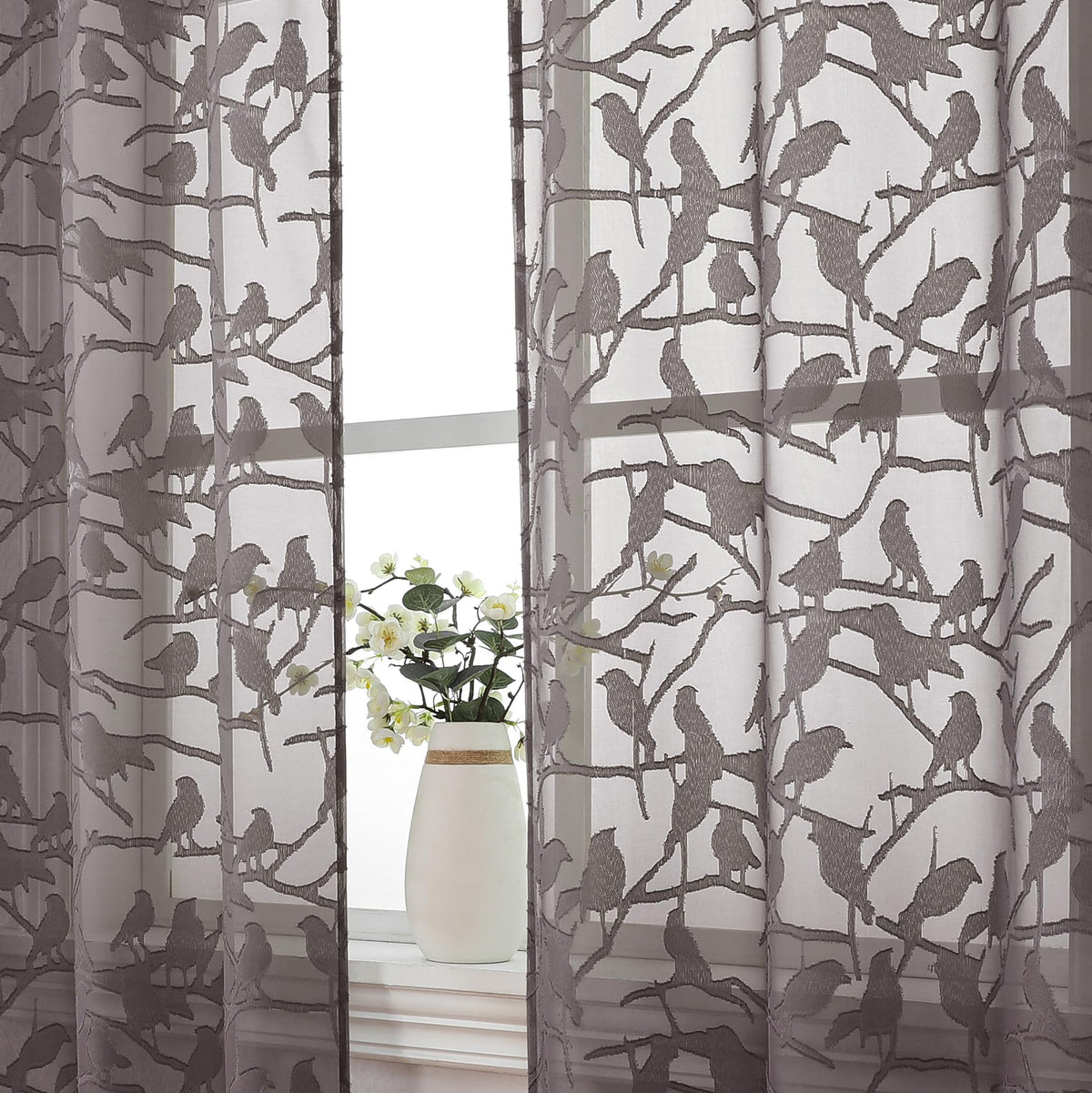 OVZME Sage Green Sheer Curtains 63 Inch Length 2 Panel Set, Light Filtering Bedroom Curtains with Dual Rod Pocket Top, Leaf Bird Clip Jacquard Sheer Farmhouse Window Drapes for Living Room, 2x38Wx63L