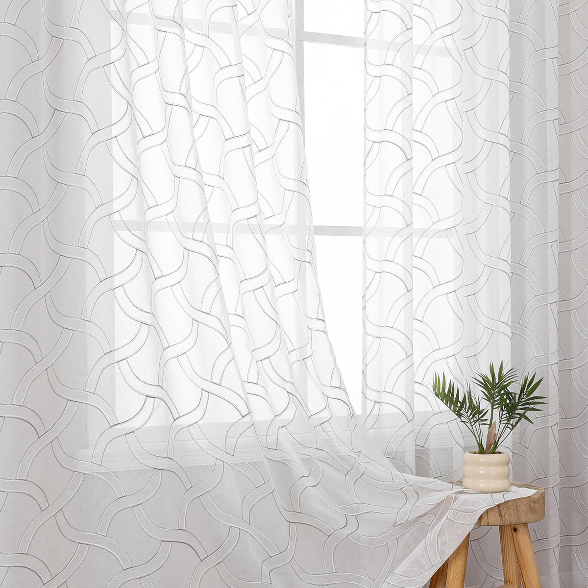 VISIONTEX White Sheer Curtains Grey Moroccan Embroidered 63 Inch Length