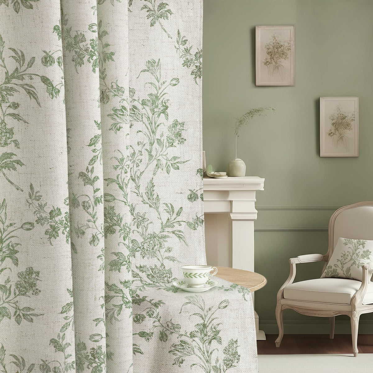 Boho Floral Light Filtering Curtains 84 Inch 2 Panels Linen Texture