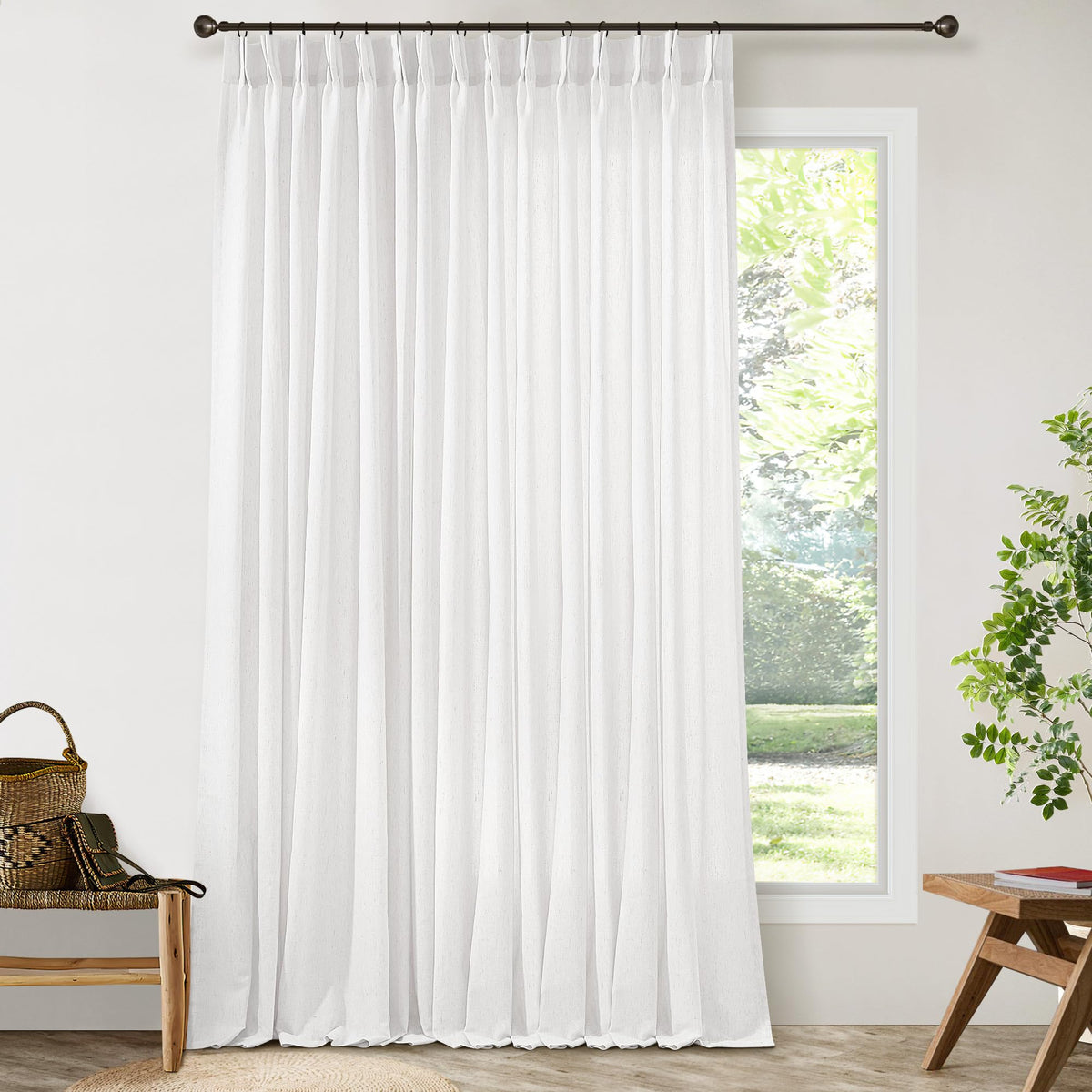 105 Inch Extra Long Curtains Linen Pinch Pleated Cream Semi Sheer