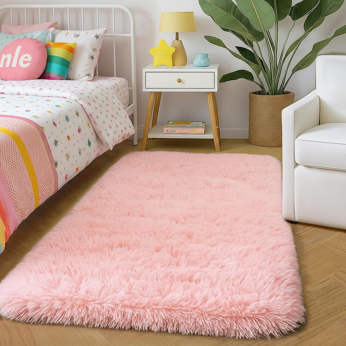 Amdrebio Light Pink Fluffy Fuzzy Area Rug 4x6 for Girls Bedroom Kids Room