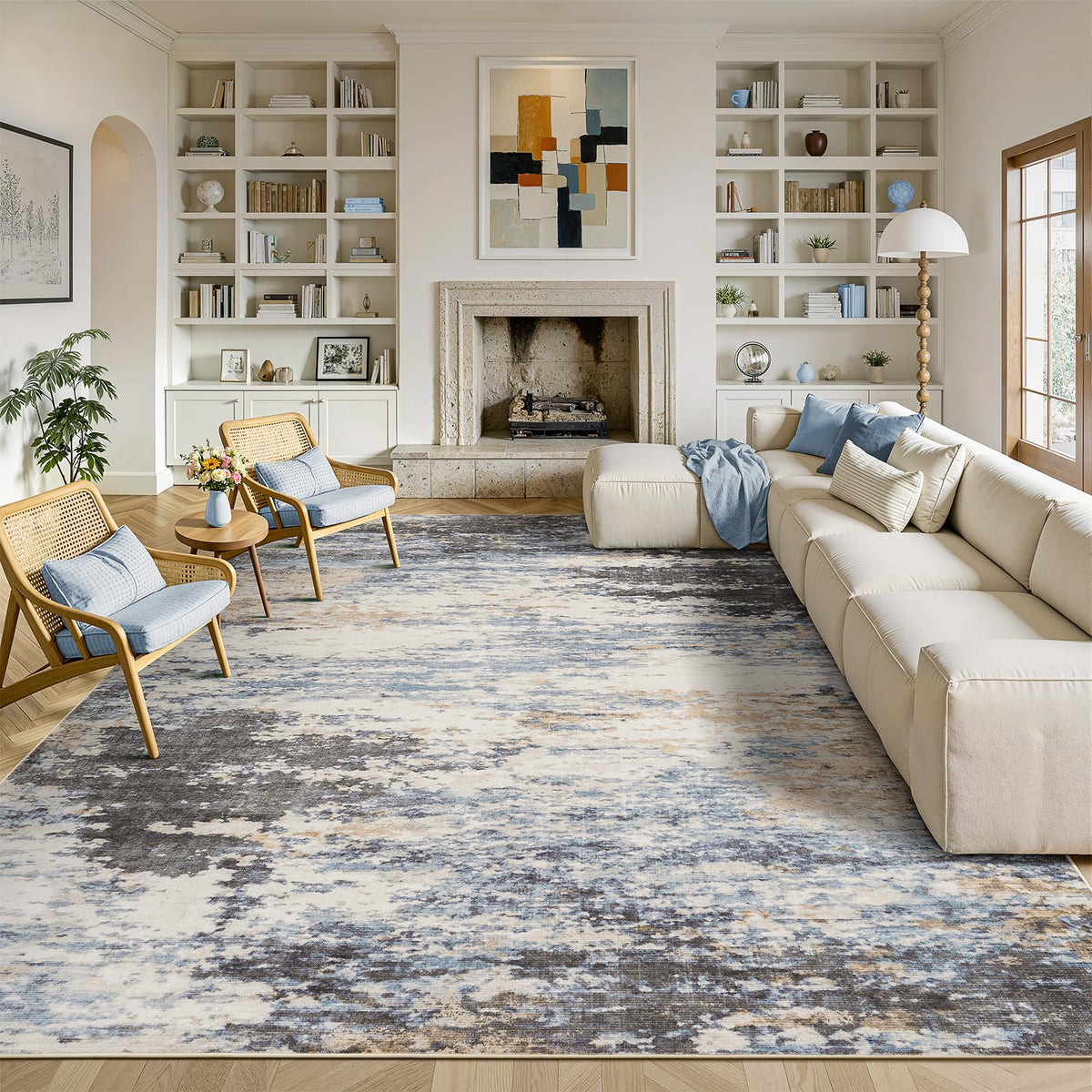 8x10 Area Rug for Living Room, Abstract Washable Non-Slip Large Rugs, Gold