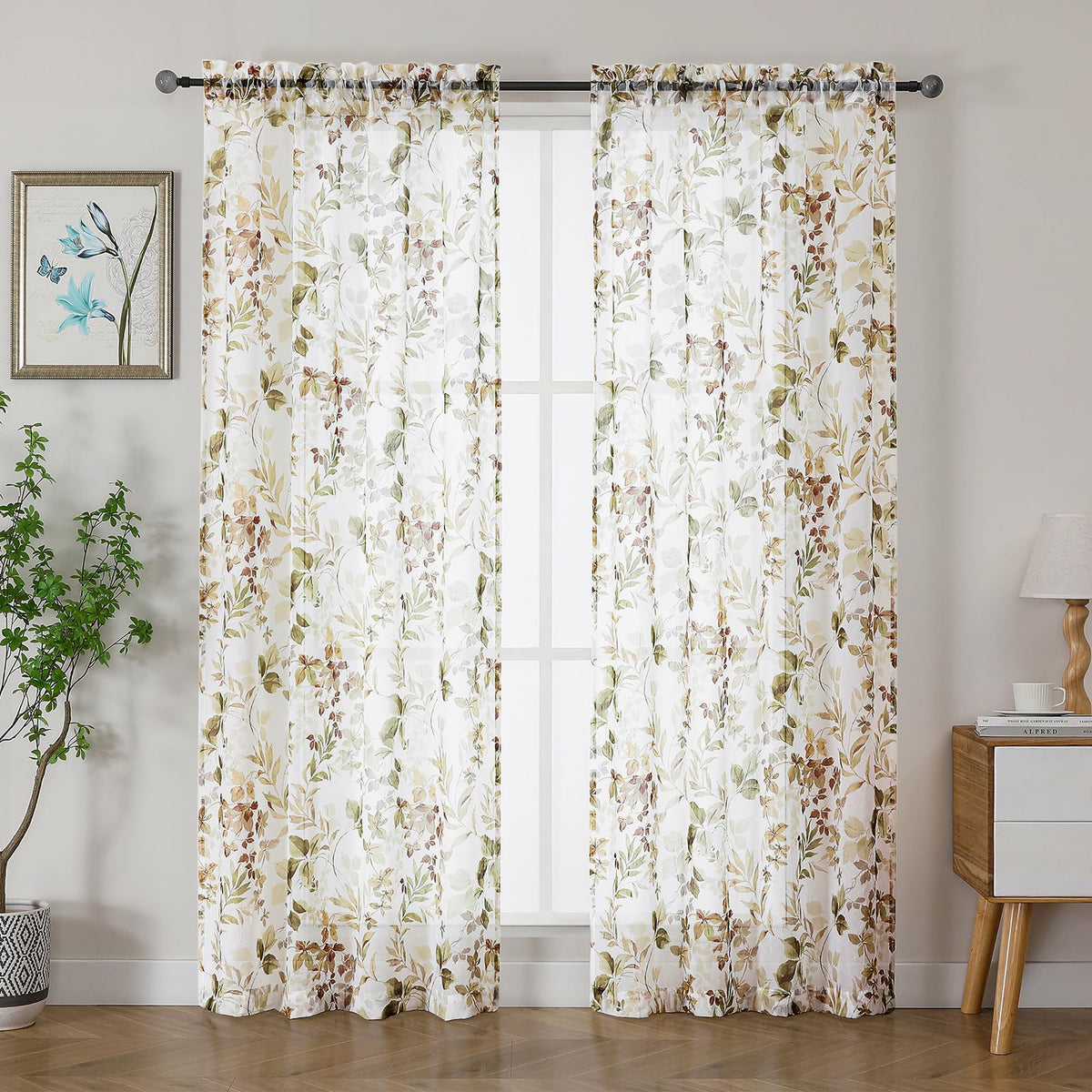 OWENIE Crushed Sheer Curtains 63 Inch Length 2 Panels Set, Sheer Floral Curtians with Printed Leaves Design, Printing Drapes for Living Room, Rod Pocket Light Filtering Window Sheers 42" W x 63" L