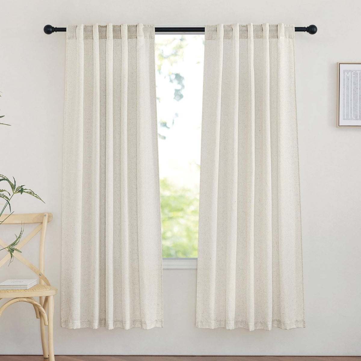NICETOWN Natural Linen Curtains & Drapes for Windows 84 inch Long, Rod Pocket & Back Tab Thick Flax Semi Sheer Privacy Assured with Light Filtering for Bedroom/Living Room, W55 x L84, 2 Pieces