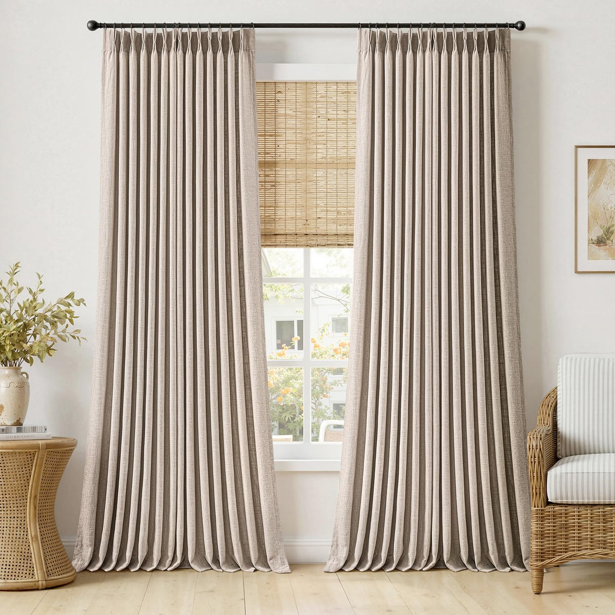 MIULEE Pinch Pleated Thick Linen Curtains 96 Inches Burlap Brown Curtains