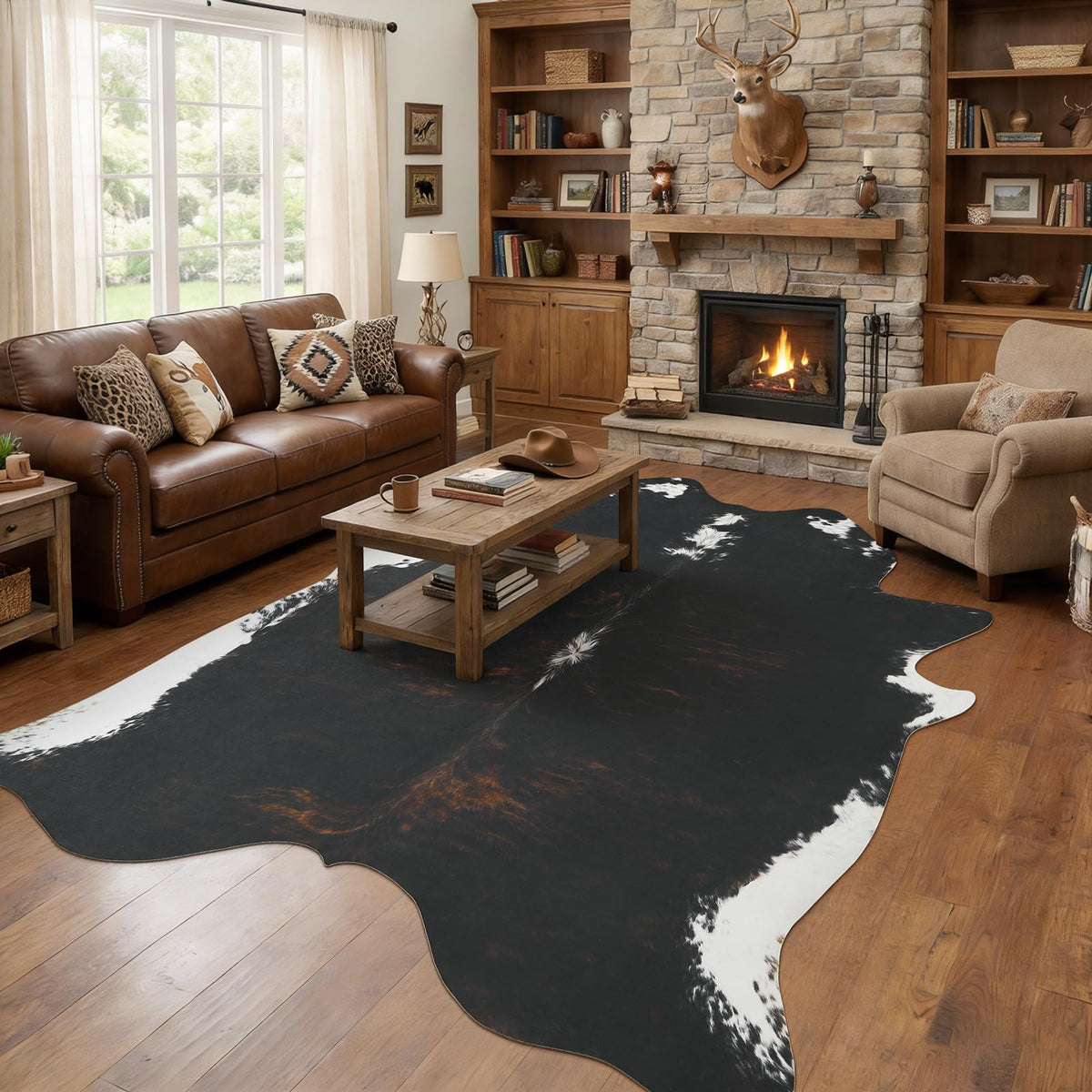 BENRON Faux Cowhide Rug, Cow Print Rug for Living Room Bedroom 4.6x5.2ft