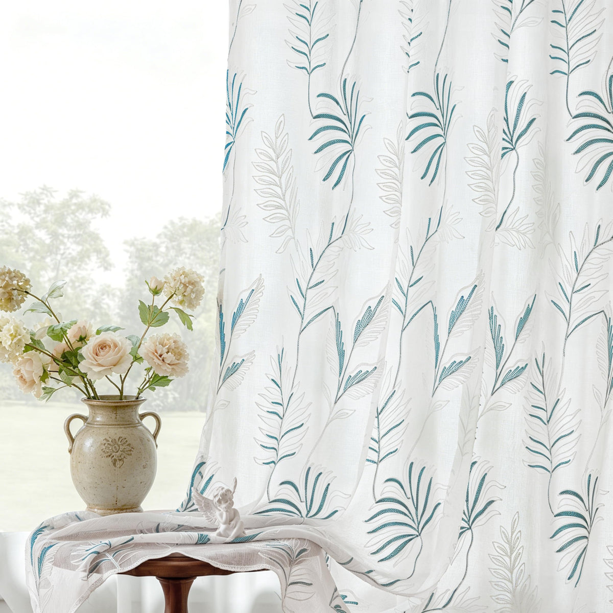 VISIONTEX Sheer Curtains Boho Leaf Floral Embroidered Cream Beige 54Wx84L