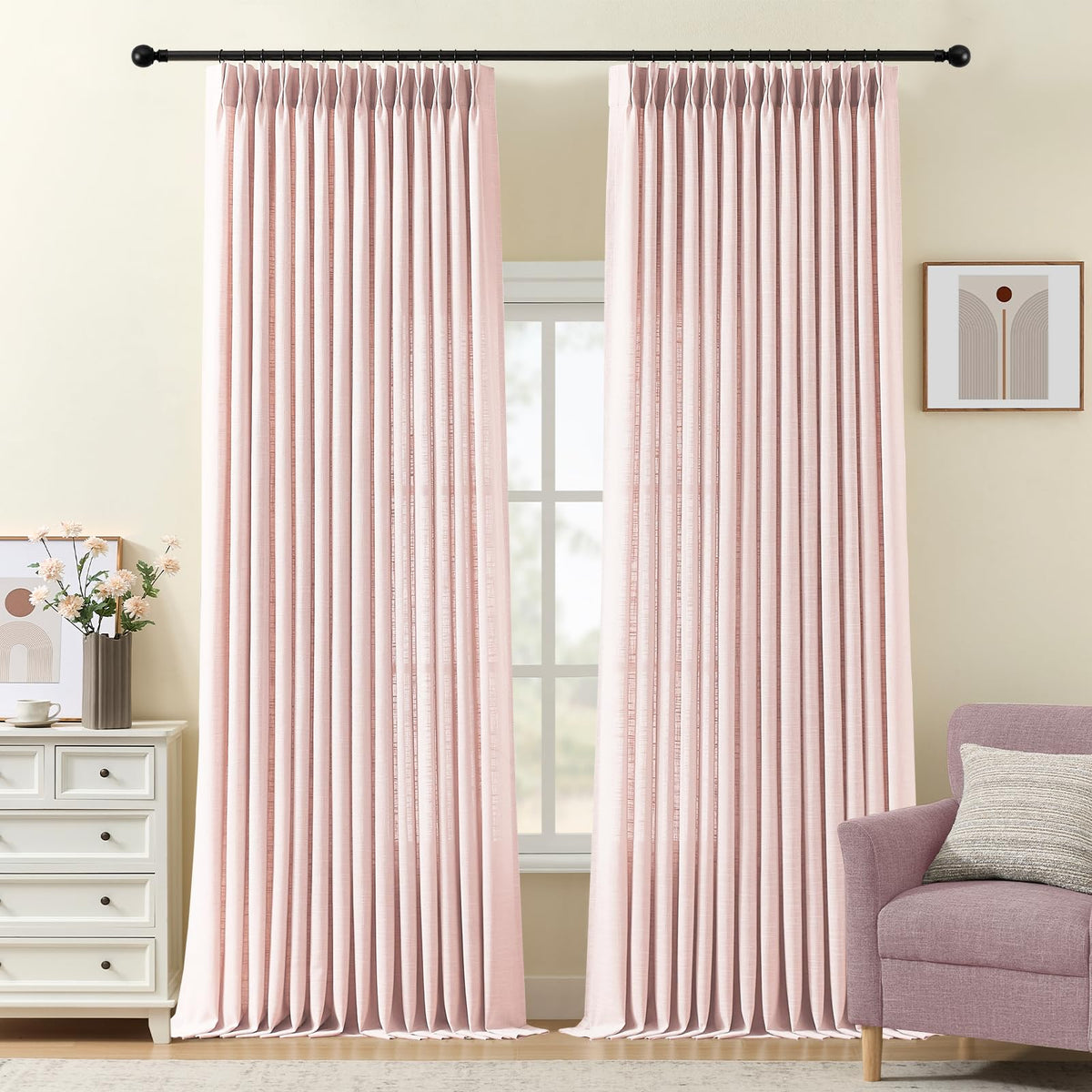 Pinch Pleated Linen Curtains 96 Inches Semi Sheer Light Filtering, 2 Panels