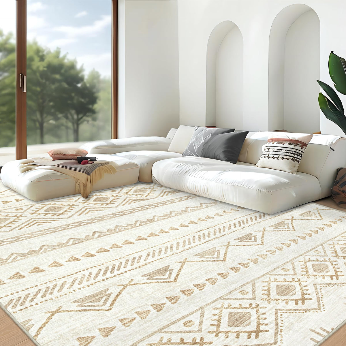 Area Rug 4x6 Geometric Rug: Washable Boho Moroccan Rugs Soft Farmhouse Rug, Modern Neutral Stain Resistant Indoor Floor Carpet for Livingroom Bedroom Dining Table Nursery(Modern Beige,4'x6')