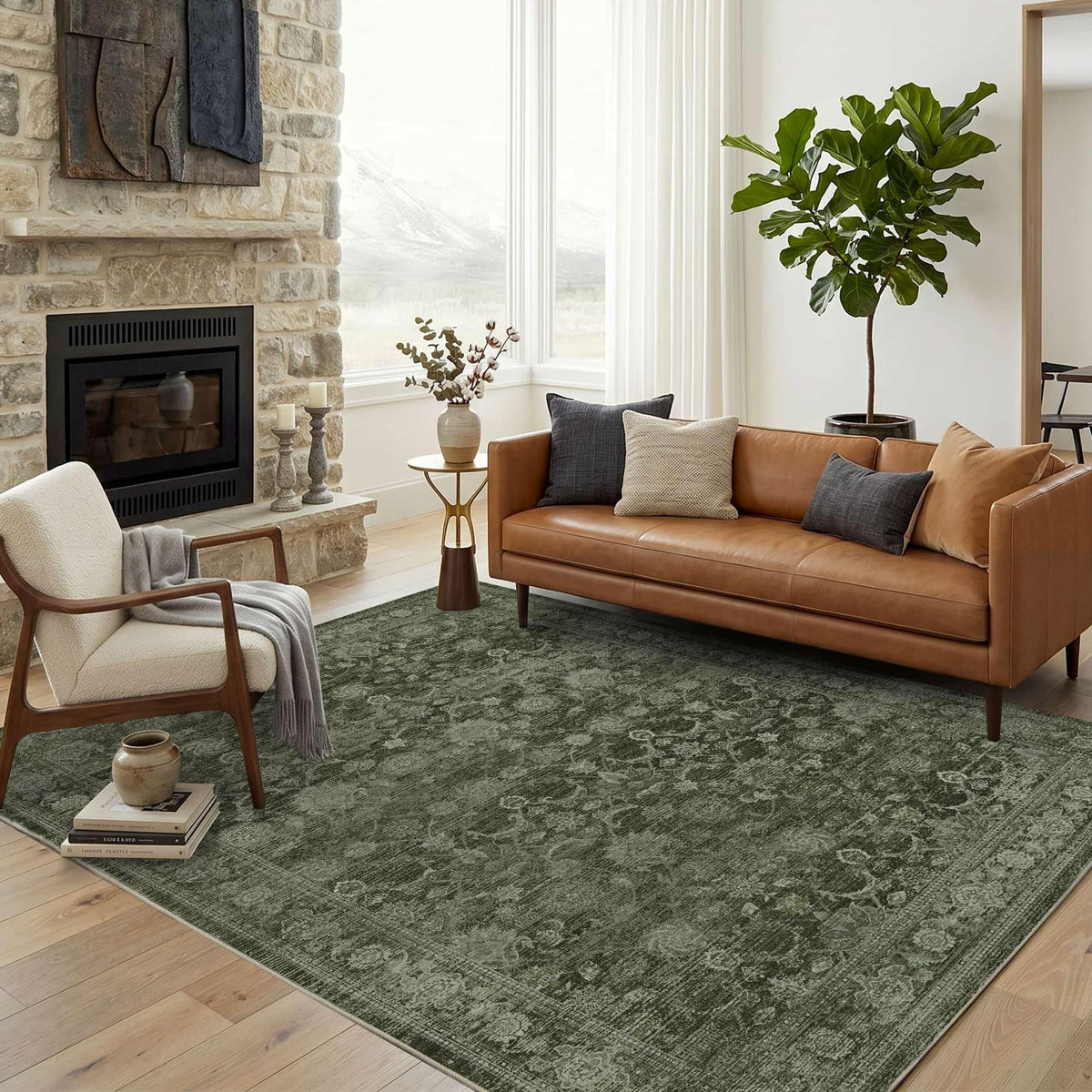 8x10 Washable Boho Area Rug, Dark Beige Farmhouse for Living Room