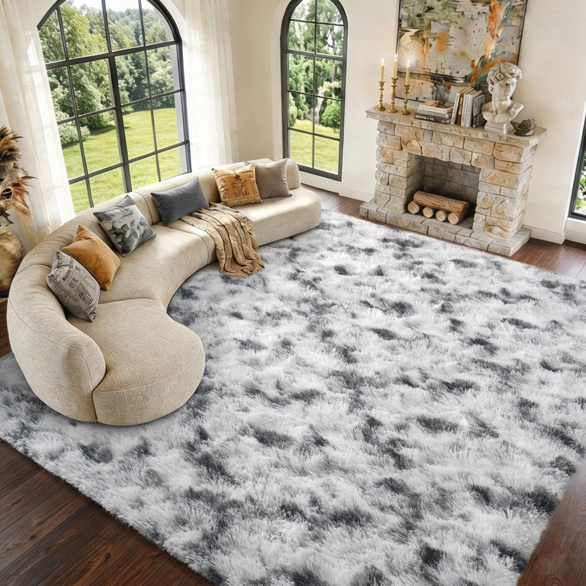 9x12 Extra Large Fluffy Area Rugs for Living Room Tie-Dyed Light Grey