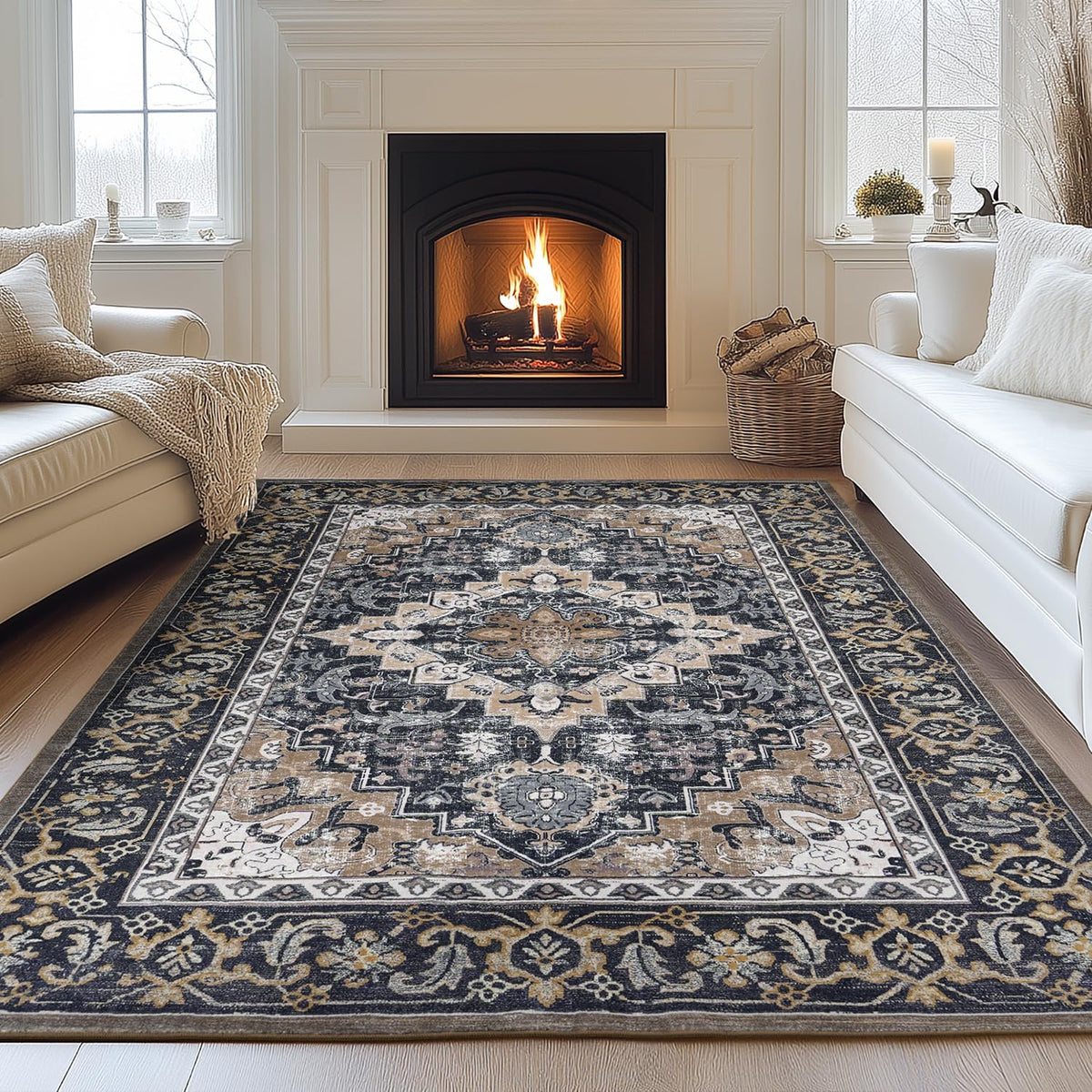 Lessymo 8 x 10 Area Rugs for Living Room, Machine Washable Rug Grey White