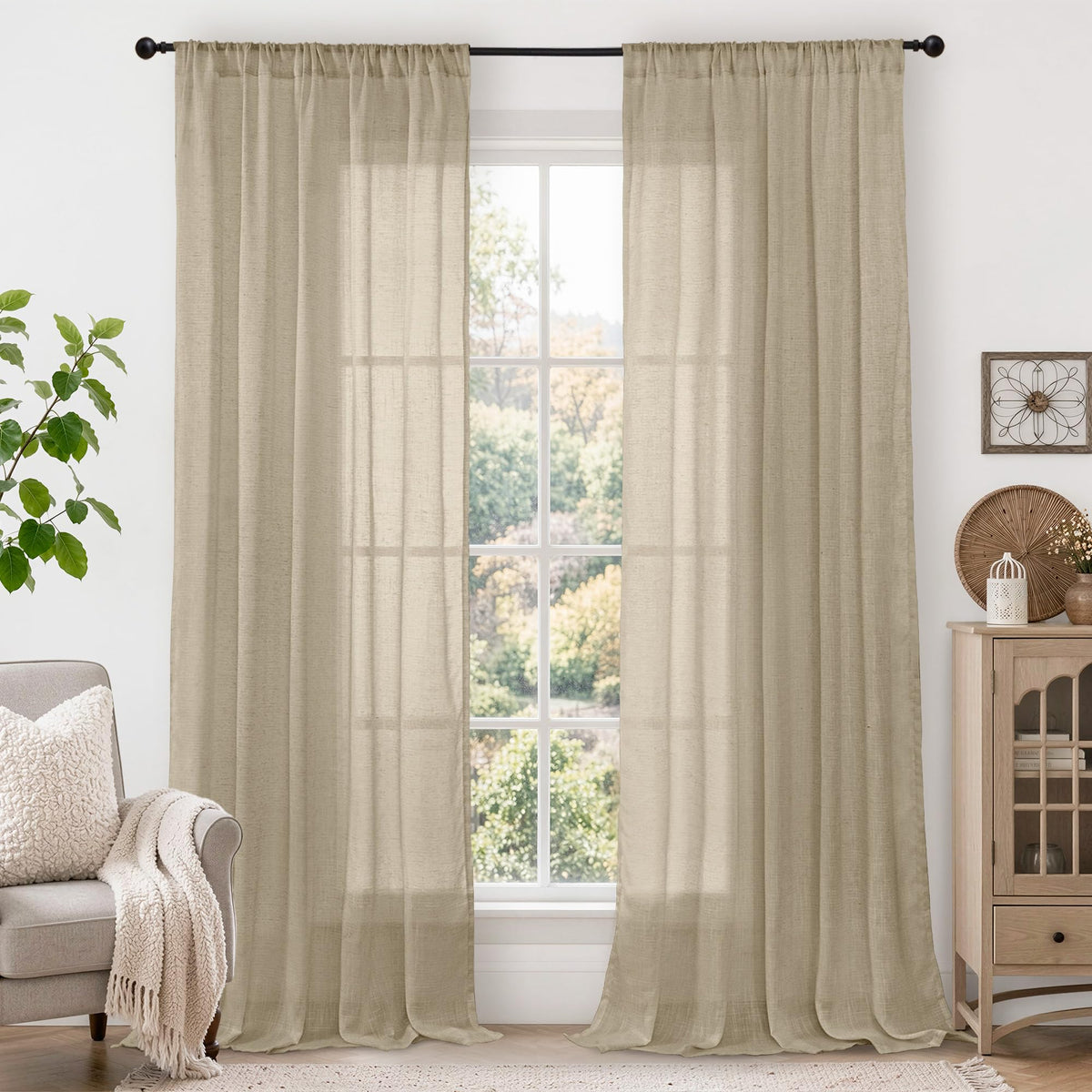 BGment Linen Sheer Curtains 84 Inches Long 2 Panels Set for Living Room