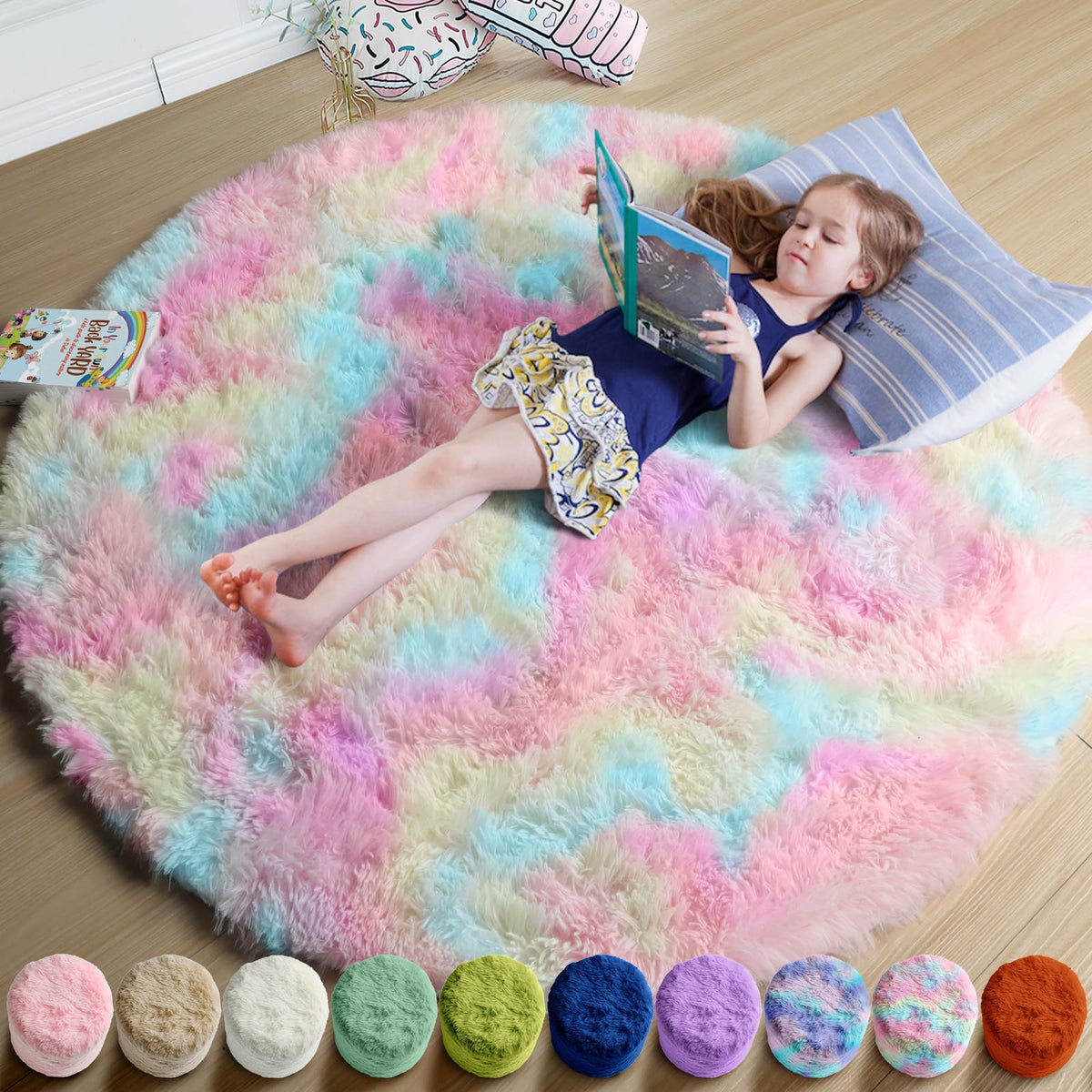 Amdrebio Pink Circle Round Fluffy Area Rug 4Ft for Girls Bedroom Kids Room